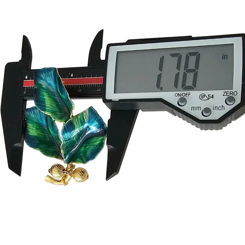 Blue Green Vintage Leaves Brooch Brass Bead Enamel Wired Leaf Pin J319